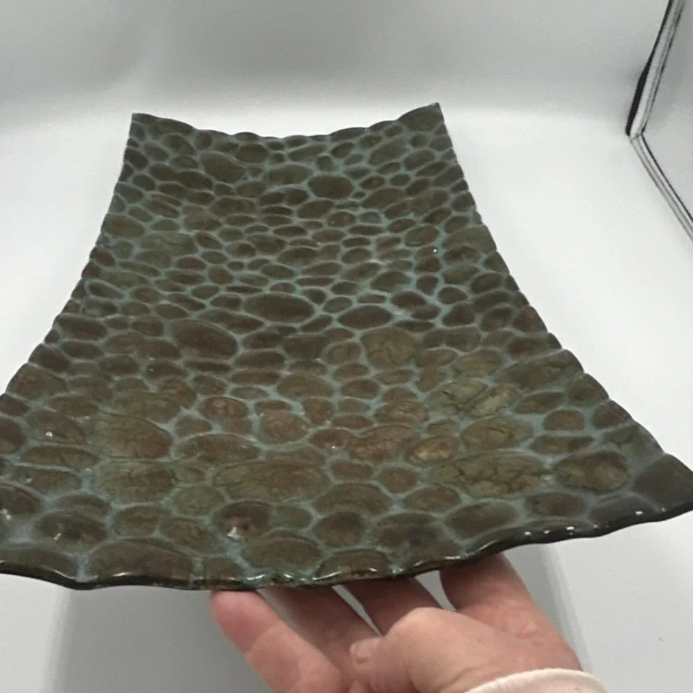 Carolyn Kinder metal Tray, Rectangular, Pebble Pattern, Brown Green, Glossy